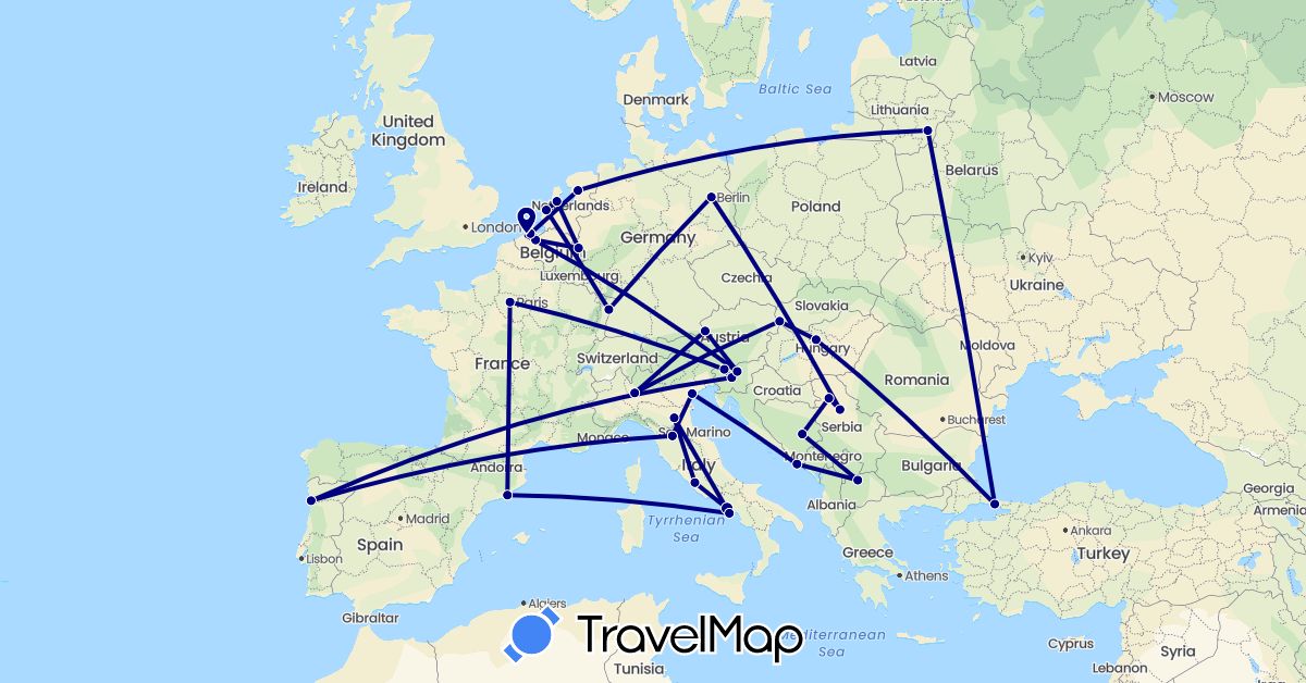 TravelMap itinerary: driving in Austria, Bosnia and Herzegovina, Belgium, Germany, Spain, France, Croatia, Hungary, Italy, Lithuania, Macedonia, Netherlands, Portugal, Serbia, Slovenia, Slovakia, Turkey (Asia, Europe)
